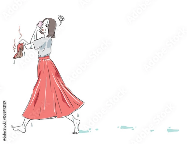 Obraz 汗や雨によるパンプスの濡れに困る可愛い女性
