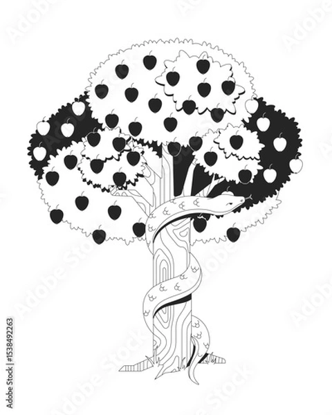 Obraz Tree of knowledge with serpent and apples 2D line bible character. Temptation forbidden fruit. Garden Eden appletree with coiled snake isolated vector ink outline. Monochromatic spot illustration
