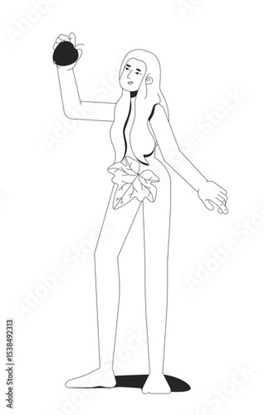 Obraz Eve holding forbidden fruit 2D line bible character. Genesis female. Biblical woman apple with long hair and fig leaf covering body isolated vector ink outline person. Monochromatic spot illustration