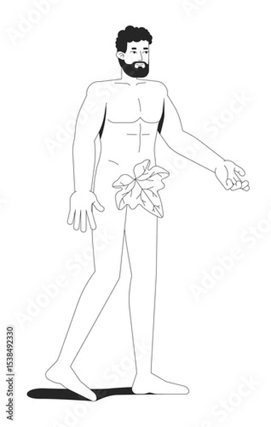 Obraz Adam with fig leaf from Eden garden 2D line bible character. Creation myth. Innocent male. Human origin. Biblical man bearded isolated vector ink outline person. Monochromatic spot illustration