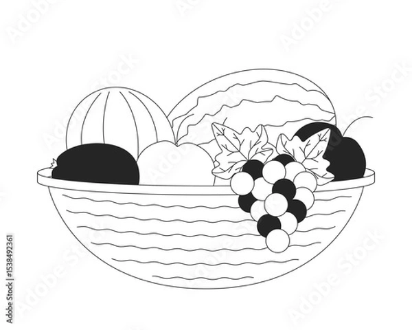 Obraz Woven basket brimming assorted fruits 2D line object. Fresh harvest. Healthy apples, melon, watermelon, grapes. Food abundance isolated clipart vector ink outline item. Monochrome spot illustration