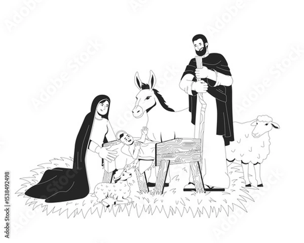 Obraz Nativity with baby Jesus and family 2D line bible characters. Divine newborn in manger, surrounded by Mary, Joseph, donkey, lambs isolated vector ink outline people. Monochromatic spot illustration