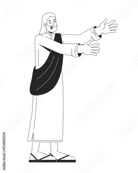 Obraz Biblical prophet in traditional robes reaching forward 2D line bible character. Holy man proclaiming. God messenger extended arms isolated vector ink outline person. Monochromatic spot illustration