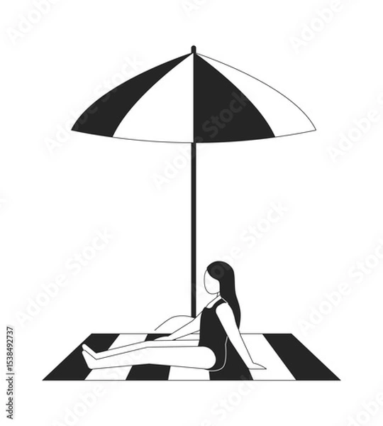 Obraz Girl relaxing under beach umbrella 2D line character. Young woman in long dark hair in swimsuit sitting in parasol shade isolated vector ink outline person faceless. Monochromatic spot illustration