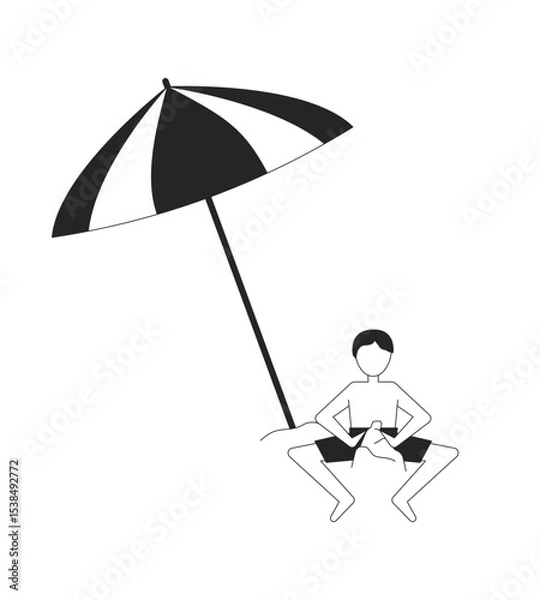 Obraz Boy building sandcastle under tilted beach umbrella 2D line character. Male child in swim trunks playing with sand castle isolated vector ink outline person faceless. Monochromatic spot illustration