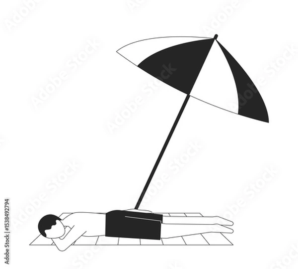 Obraz Man sunbathing face down under beach umbrella 2D line character. Parasol shade beachgoer boy lying on towel in swim trunks isolated vector ink outline person faceless. Monochromatic spot illustration