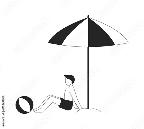 Obraz Beachgoer boy sitting under umbrella with beach ball 2D line character. Relaxing child summer. Young man in swim trunks isolated vector ink outline person faceless. Monochromatic spot illustration