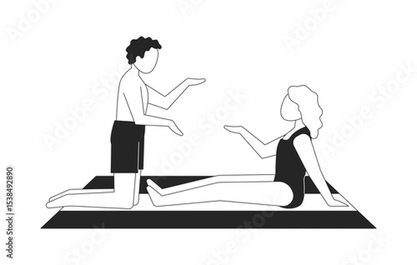 Obraz Couple talking on beach towel 2D line characters. Swimwear friends sitting and kneeling, gesturing in conversation isolated vector ink outline people faceless. Monochromatic spot illustration
