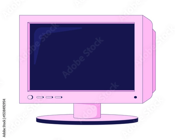 Obraz Retro pink CRT monitor front view 2D cartoon object. Desktop display outdated. Y2k hardware. Tech nostalgia. Oldschool technology isolated element flat vector clip art on white. Spot illustration