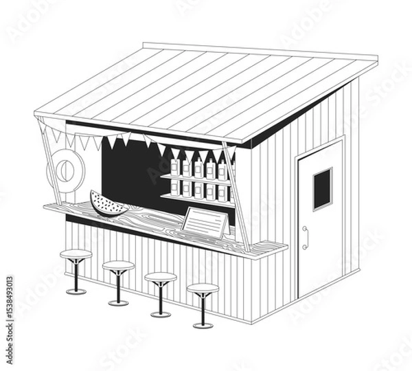 Obraz Tropical beach bar hut 2D line object. Summer vibe stand. Cozy beachside wooden kiosk with stools, bunting flags, slanted roof isolated clipart vector ink outline item. Monochrome spot illustration