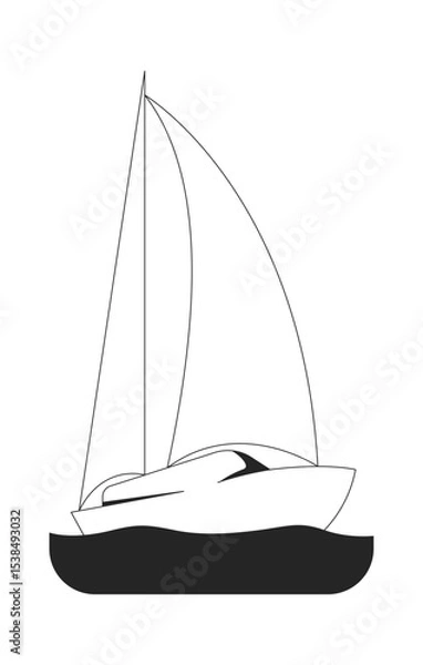 Obraz Minimalist white sailboat gliding on calm waters 2D line object. Floating vessel. Marine travel. Ocean journey. Sailing boat isolated clipart vector ink outline item. Monochrome spot illustration