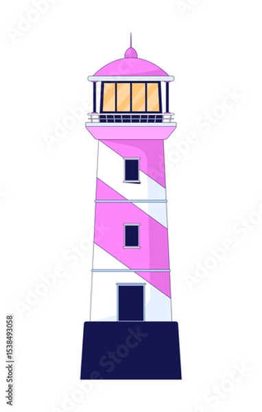 Obraz Striped lighthouse front view 2D cartoon object. Nautical beacon. Guiding light. Maritime tower. Watchtower navigation. Marine guide isolated element flat vector clip art on white. Spot illustration