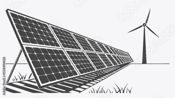 Fototapeta Illustration of solar panels array and wind turbine on a field in monochrome style design concept