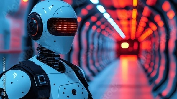 Obraz Futuristic Robot in a Neon-lit Sci-Fi Corridor