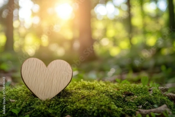 Fototapeta Wooden heart placed gently on vibrant green moss in a sunlit forest glade during late afternoon