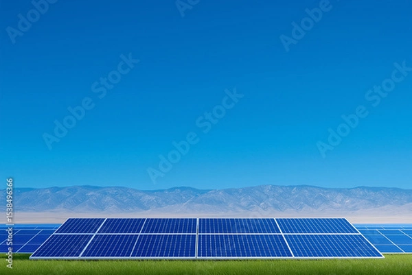 Fototapeta Rows of solar panels absorb sunlight shining on a vibrant green field. Clear blue sky and mountain backdrop highlight renewable energy concept