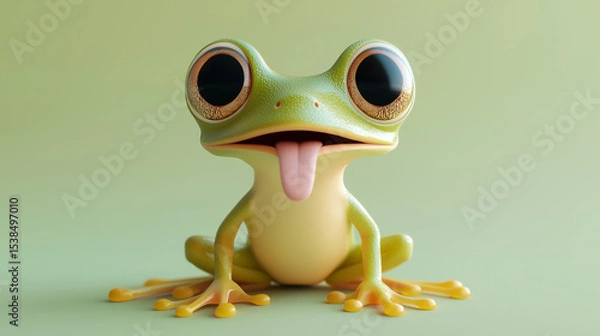 Fototapeta A frog with a tongue sticking out is the main focus of the image. The frog is smiling and he is happy. The image has a playful and lighthearted mood, as the frog's tongue sticking out is a humorous