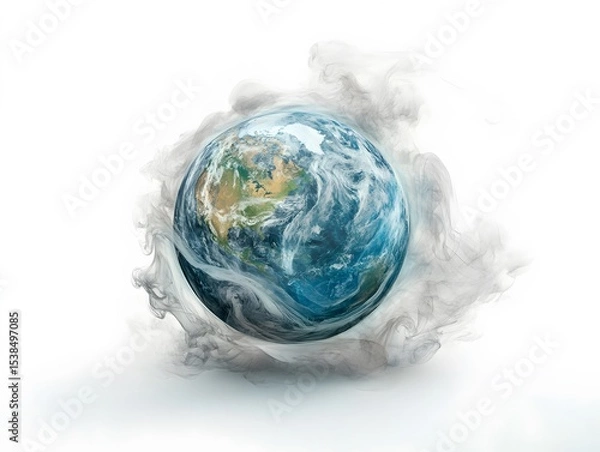 Fototapeta A depiction of planet earth enveloped by smoke against a stark white background in a digital rendering