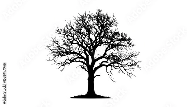 Fototapeta Twisted, lifeless tree in silhouette style, dramatic branch patterns on a white background.