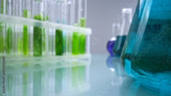 Fototapeta Test tubes with green plant samples and colorful chemical flasks in laboratory