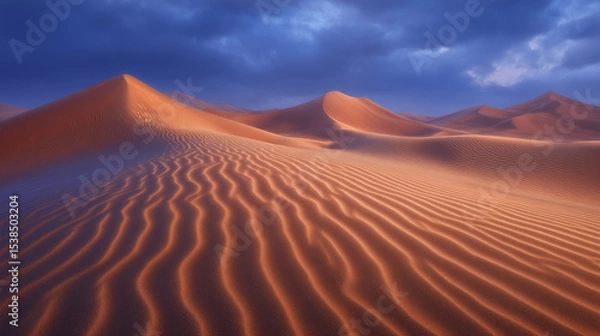Fototapeta Rippling golden sand dunes stretch across desert landscape beneath dynamic cloudy sky, showcasing the beauty of remote wilderness. Concept of adventure, travel, exploration