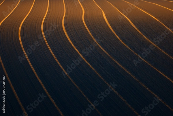 Fototapeta Wavy lines of freshly plowed soil reflect warm golden light during twilight. Field with rhythmic patterns creates tranquil atmosphere. Concept of agriculture, farming, landscape design