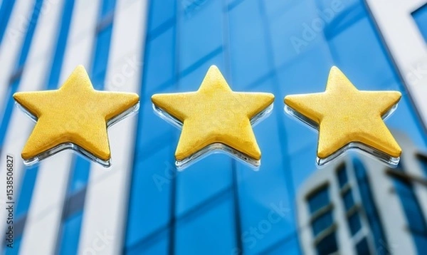 Fototapeta Three gold stars reflect on a blue glass surface of a building