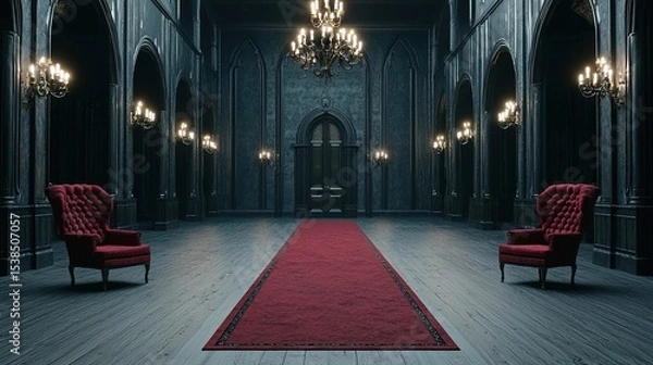 Fototapeta Elegant, dimly-lit gothic hall with chandeliers, red carpet, and two plush red armchairs facing each other.