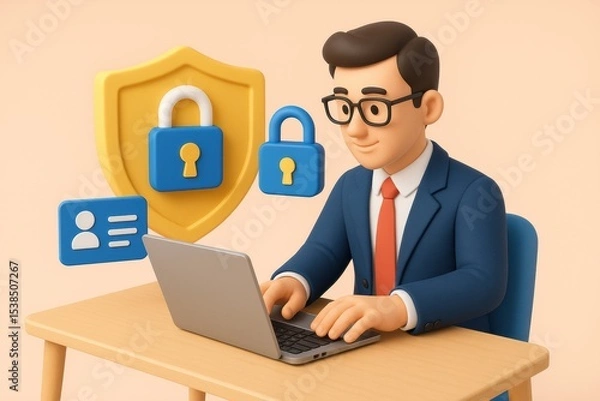 Fototapeta Businessman working on laptop with security icons and shield