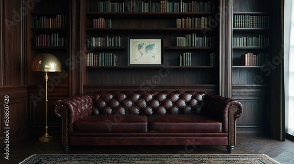 Fototapeta A luxurious library with a brown leather sofa, globe, and bookshelves filled with books, creating a classic and sophisticated atmosphere.