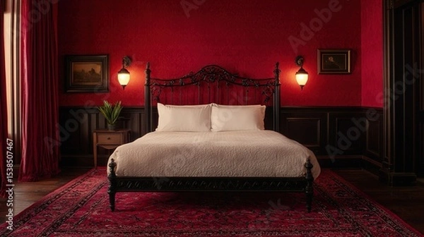 Fototapeta Luxurious red bedroom with ornate black bed, elegant rug, vintage wall sconces, and classic decor creating a warm, opulent atmosphere.