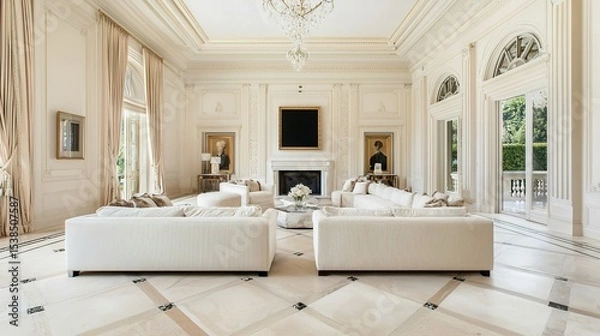Fototapeta Elegant, spacious living room with classic decor, marble flooring, large windows, and luxurious white sofas centered around a grand fireplace.