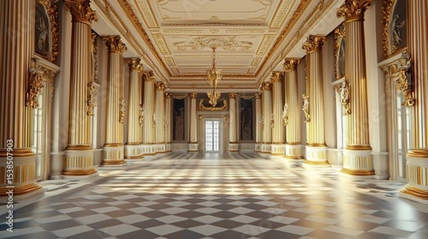 Fototapeta A grand, ornate hall with tall columns, chandeliers, and a checkered marble floor, illuminated by natural light from large windows.