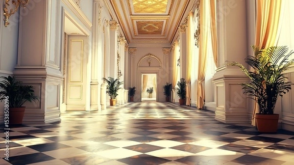 Fototapeta Elegant sunlit hallway with black-and-white checkered floor, golden details, tall windows, and potted plants.