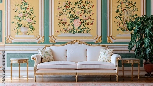 Fototapeta Elegant vintage sofa with floral pillows, ornate side tables, and decorative painted walls create a luxurious, classic interior setting.