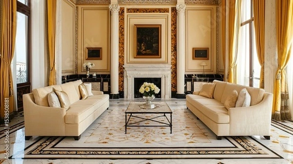 Fototapeta Elegant, luxurious living room with grand decor, marble flooring, two beige sofas, a fireplace, and large golden curtains.