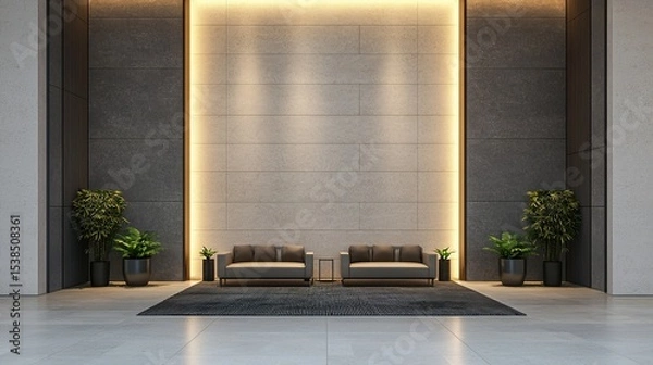 Fototapeta Modern lobby with minimalistic decor, soft lighting, black sofas, plants, and a large wall panel.