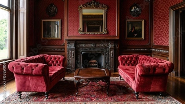 Fototapeta Elegant Victorian living room with red velvet sofas, ornate fireplace, patterned wallpaper, mirrors, and a classic wooden coffee table.