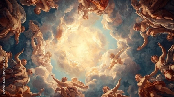 Fototapeta Baroque-style ceiling fresco depicting angels and divine figures ascending toward a radiant, glowing sky surrounded by dramatic clouds.
