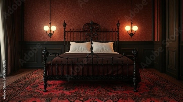 Fototapeta Elegant vintage bedroom with a dark ornate bed frame, red wallpaper, classic lighting, and a luxurious patterned rug.