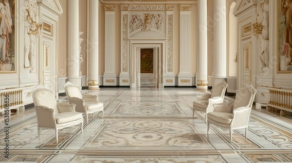 Fototapeta Ornate palace interior with luxurious chairs, marble floors, tall columns, and intricate classical decor in a grand hall.
