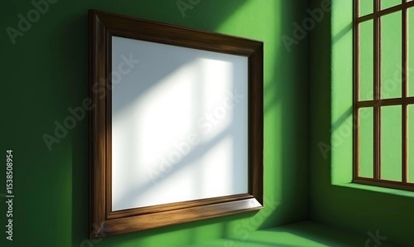 Fototapeta A wooden framed picture hanging in a green illuminated room