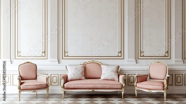 Fototapeta Elegant vintage sofa set with ornate detailing in a luxurious, classic room with decorative wall paneling and checkered flooring.