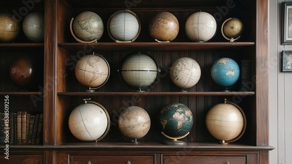 Fototapeta A wooden bookshelf displays a collection of vintage globes and books, creating a classic, scholarly atmosphere.