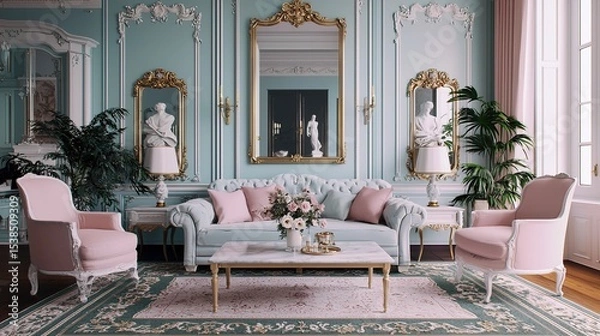 Fototapeta Elegant vintage living room with pastel furnishings, ornate mirrors, classical sculptures, and lush plants in a sophisticated, luxurious setting.