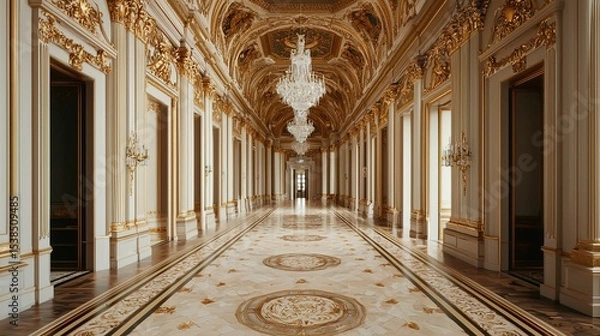 Fototapeta Ornate palace hallway with gold details, chandeliers, columns, and marble floor, showcasing luxurious classical architecture.