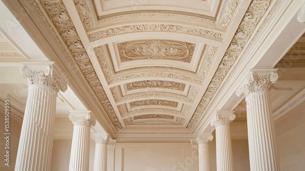 Fototapeta Ornate classical ceiling with decorative moldings and fluted columns in an elegant architectural interior.