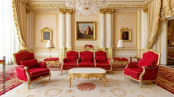 Fototapeta A luxurious, ornate room with red and gold furniture, chandeliers, artwork, and elegant decor reflecting classic royal style.