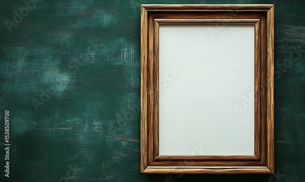 Fototapeta Wooden picture frame displayed on a textured green surface