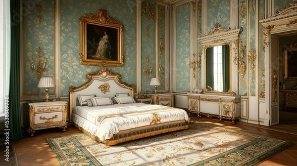Fototapeta Luxurious vintage bedroom with ornate gold details, elegant furniture, and a regal ambiance.